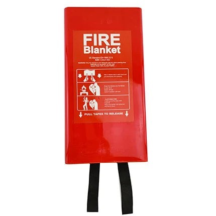 Manta contra incendios GERF SAFETY de fibra de vidrio en estuche rojo con instrucciones de uso impresas.
