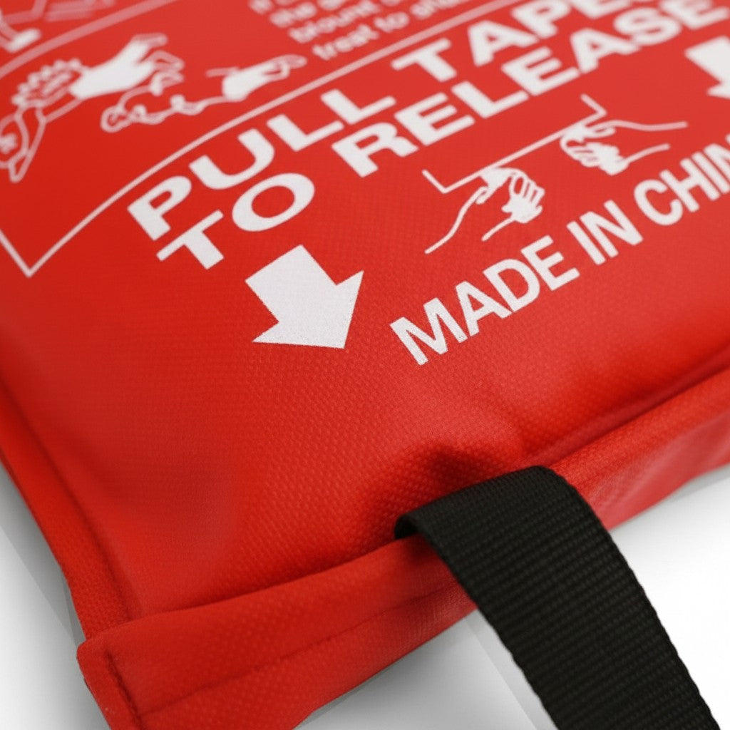 Manta contra incendios GERF SAFETY de fibra de vidrio en bolsa roja con instrucciones de uso impresas en blanco.