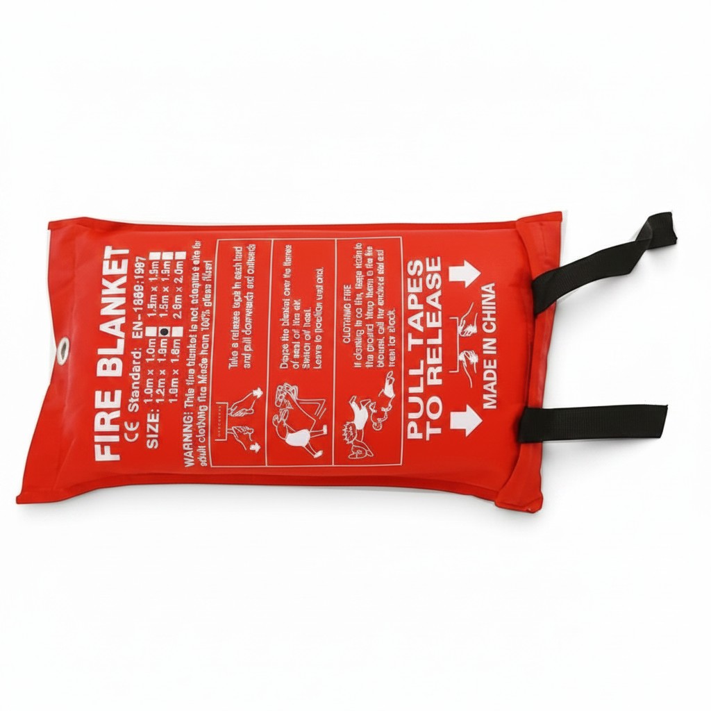 Manta contra incendios GERF SAFETY de fibra de vidrio en bolsa roja suave con instrucciones de uso impresas