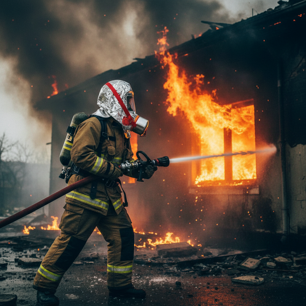 Bombero con máscara de escape GERF SAFETY aluminizada frente a una casa en llamas durante una operación de rescate.