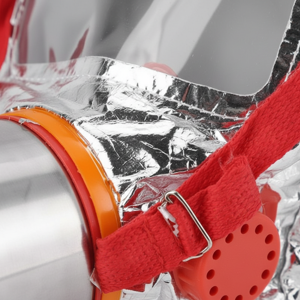 Máscara de escape contra incendios GERF SAFETY aluminizada con visor transparente y correas rojas de ajuste.