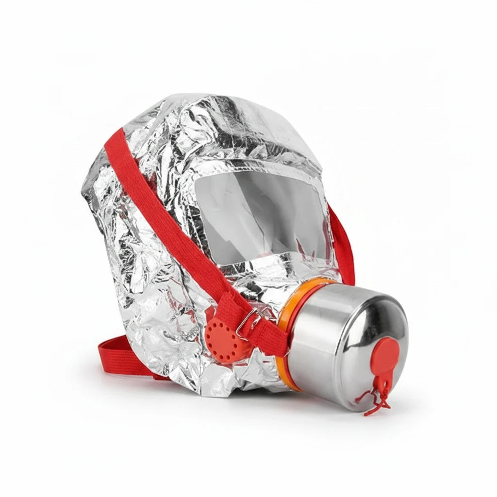 Máscara de escape contra incendios GERF SAFETY aluminizada con visor transparente y filtro de carbón activado.