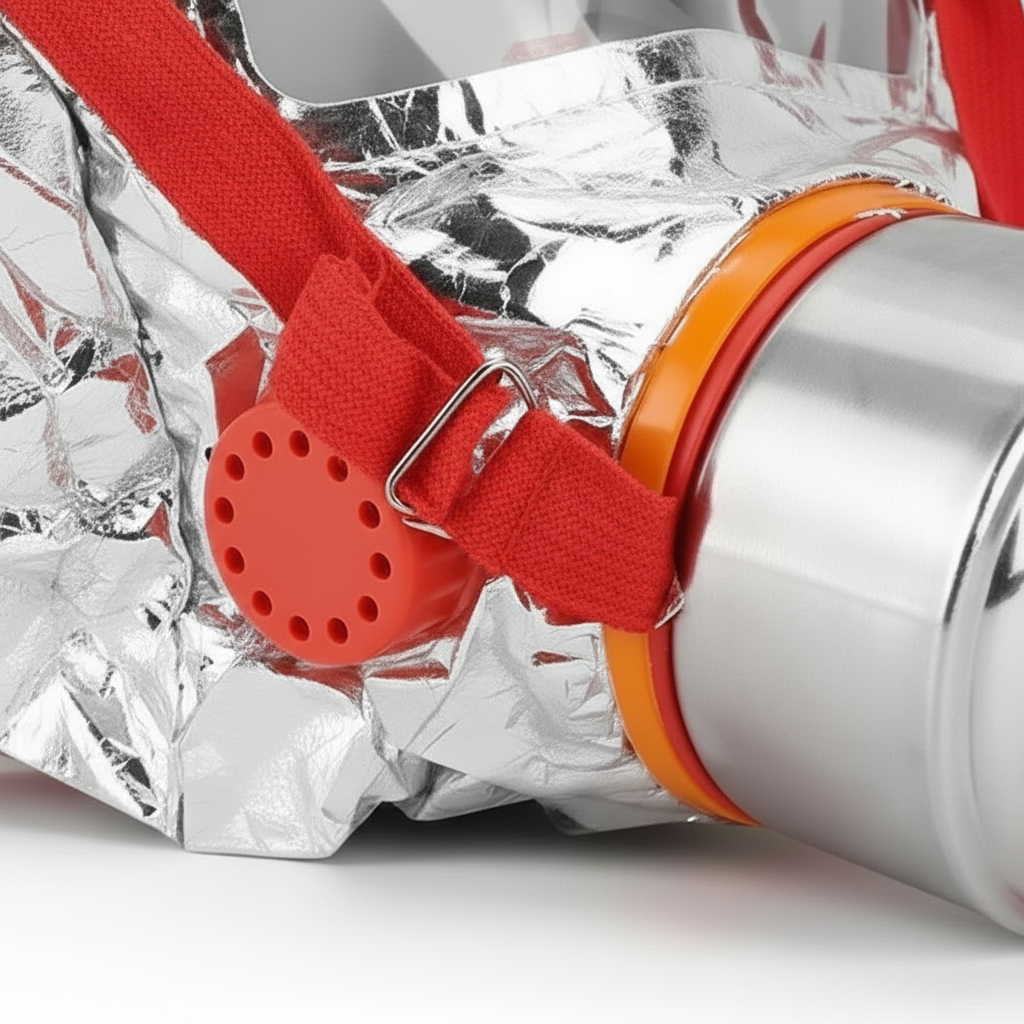 Máscara de escape GERF SAFETY aluminizada con filtro de carbón activado y correas rojas para protección contra incendios