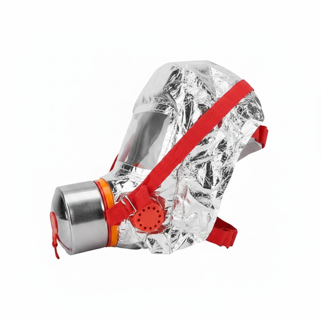 Máscara de escape contra incendios GERF SAFETY aluminizada con visor transparente y filtro de carbón activado.
