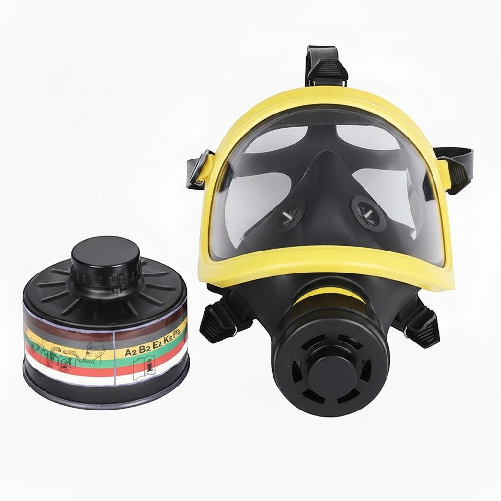Máscara de gas GERF SAFETY de cara completa amarilla con visera panorámica, arnés de 5 puntos y filtro de 40mm.