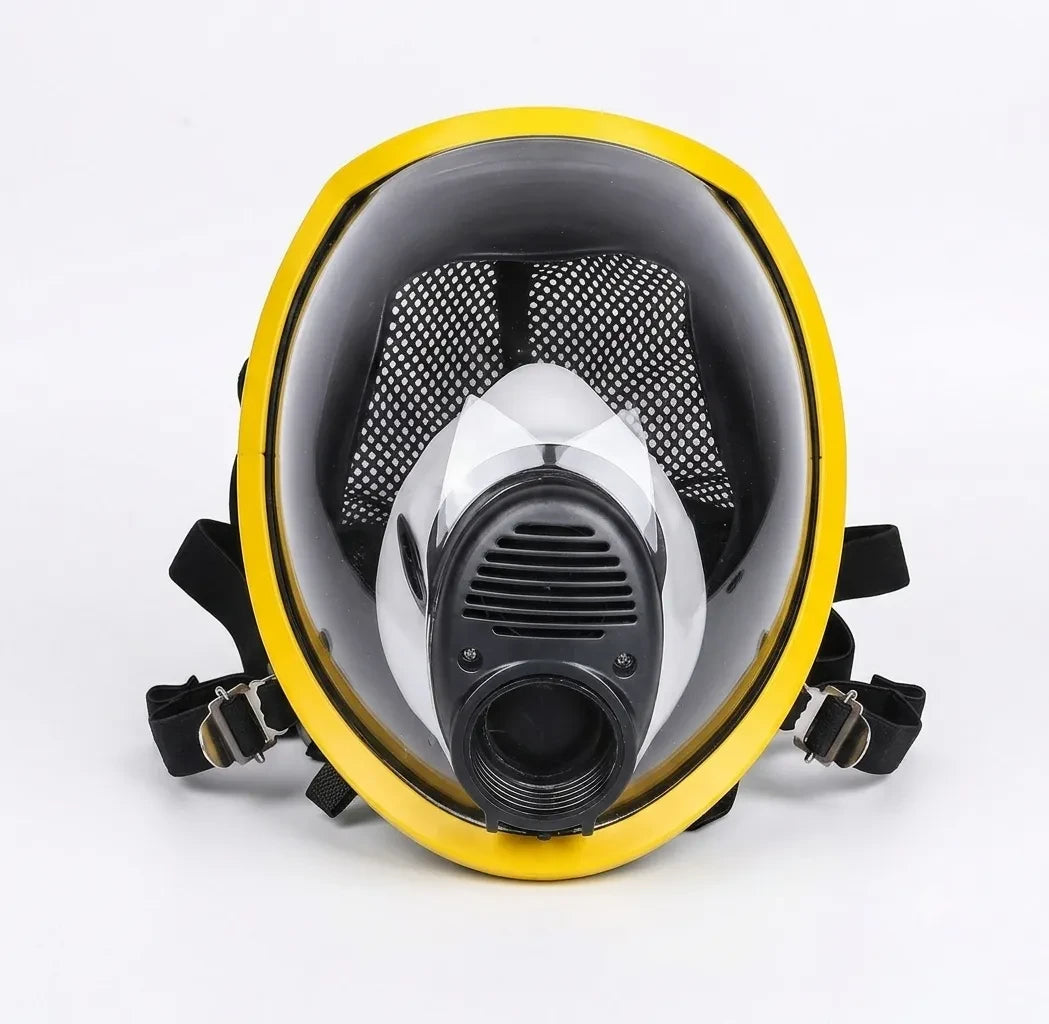 Máscara de gas GERF SAFETY de cara completa, color amarillo, con visera esférica antiempañante y arnés de 5 puntos.