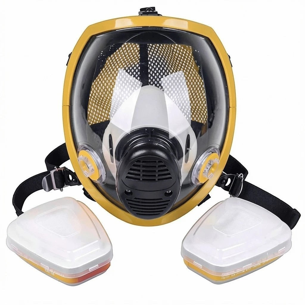 Máscara de gas esférica GERF SAFETY amarilla con visera panorámica antiempañante, cuerpo de silicona y filtros duales.