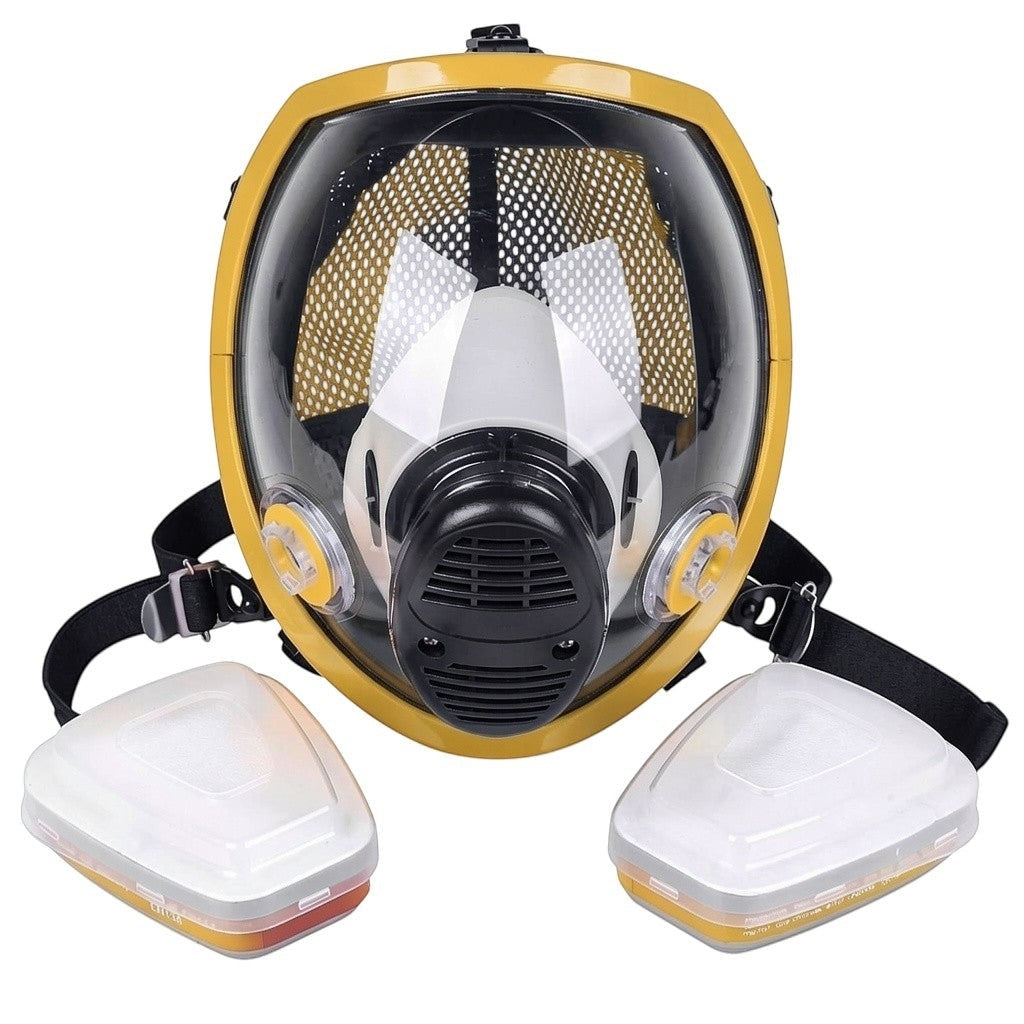 Máscara de gas GERF SAFETY amarilla de cara completa con visera panorámica antiempañante y filtros laterales.