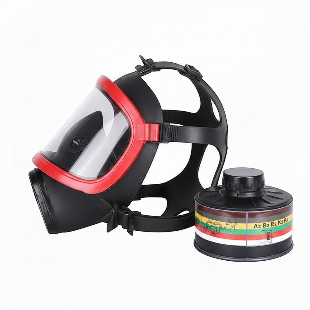 Máscara de gas GERF SAFETY de cara completa en negro y rojo con visera panorámica, arnés de 5 puntos y filtro de 40mm.