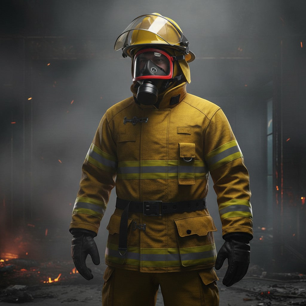 Bombero con máscara de gas GERF SAFETY de cara completa, visera panorámica y adaptador de 40mm en entorno de emergencia.