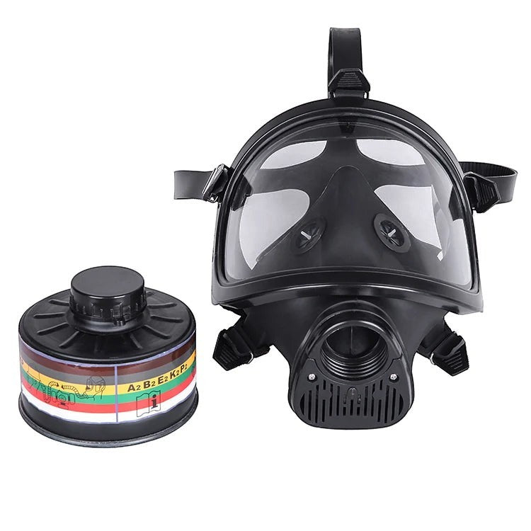 Máscara de gas GERF SAFETY de cara completa en negro con visera panorámica, arnés de 5 puntos y filtro de 40mm.