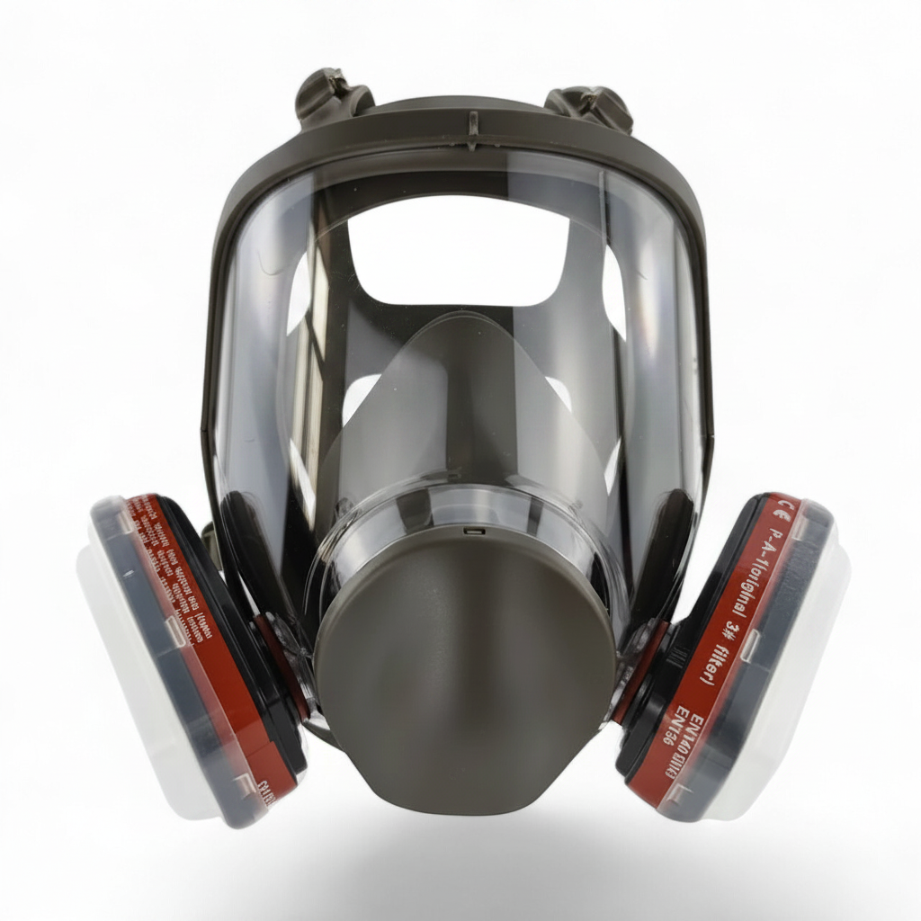 Máscara de gas GERF SAFETY de cara completa con doble cartucho, visera panorámica antiempañante y silicona resistente.