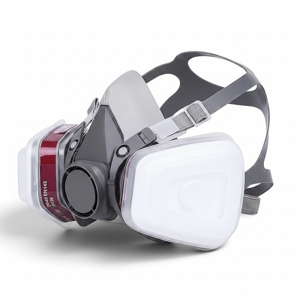 Media máscara de gas GERF SAFETY gris con doble filtro intercambiable, diseño 3D de silicona y correas ajustables.