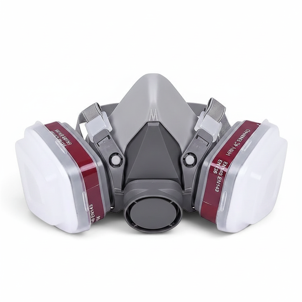 Media máscara de gas GERF SAFETY gris con diseño 3D, doble filtro intercambiable y correas ajustables.