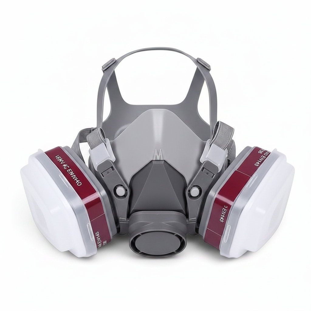 Media máscara de gas GERF SAFETY gris con diseño 3D, doble filtro intercambiable y correas ajustables para protección.