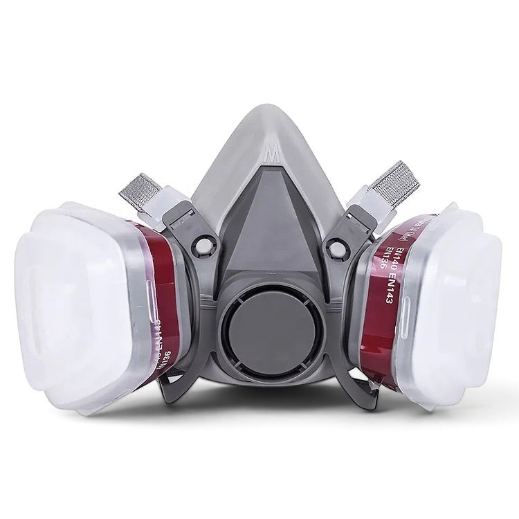 Media máscara de gas GERF SAFETY gris con doble filtro intercambiable y diseño 3D de silicona para protección industrial