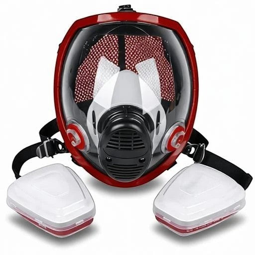 Máscara de gas esférica GERF SAFETY roja con visera panorámica antiempañante, cuerpo de silicona y filtros dobles.