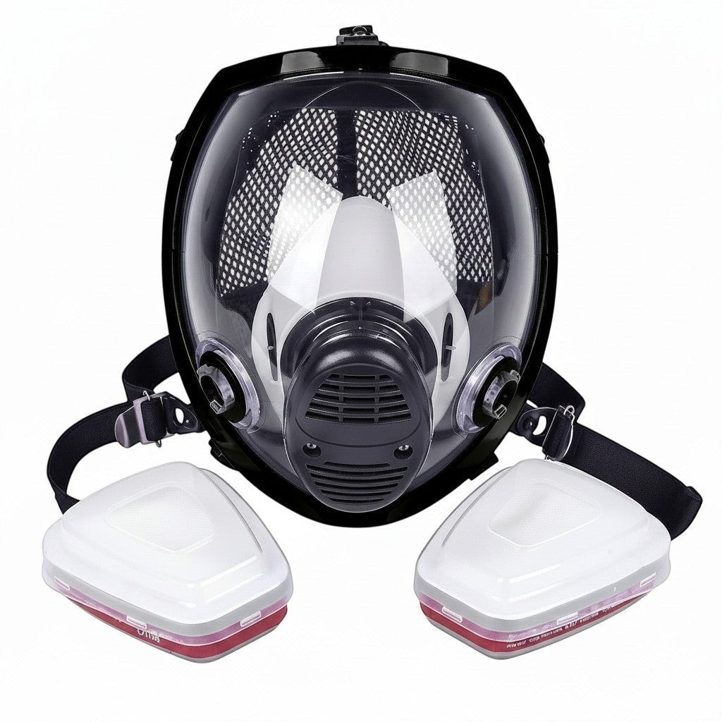 Máscara de gas esférica GERF SAFETY negra con visera panorámica antiempañante y filtros de 40mm