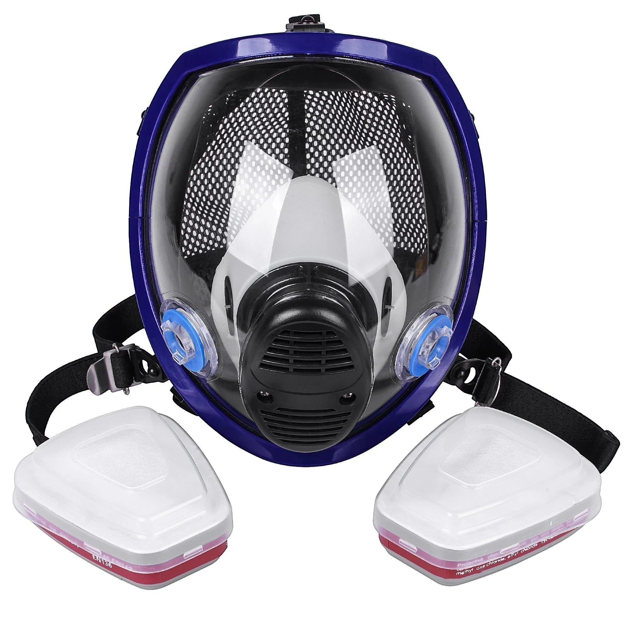 Máscara de gas GERF SAFETY de cara completa con visera esférica antiempañante, cuerpo de silicona y filtros dobles.