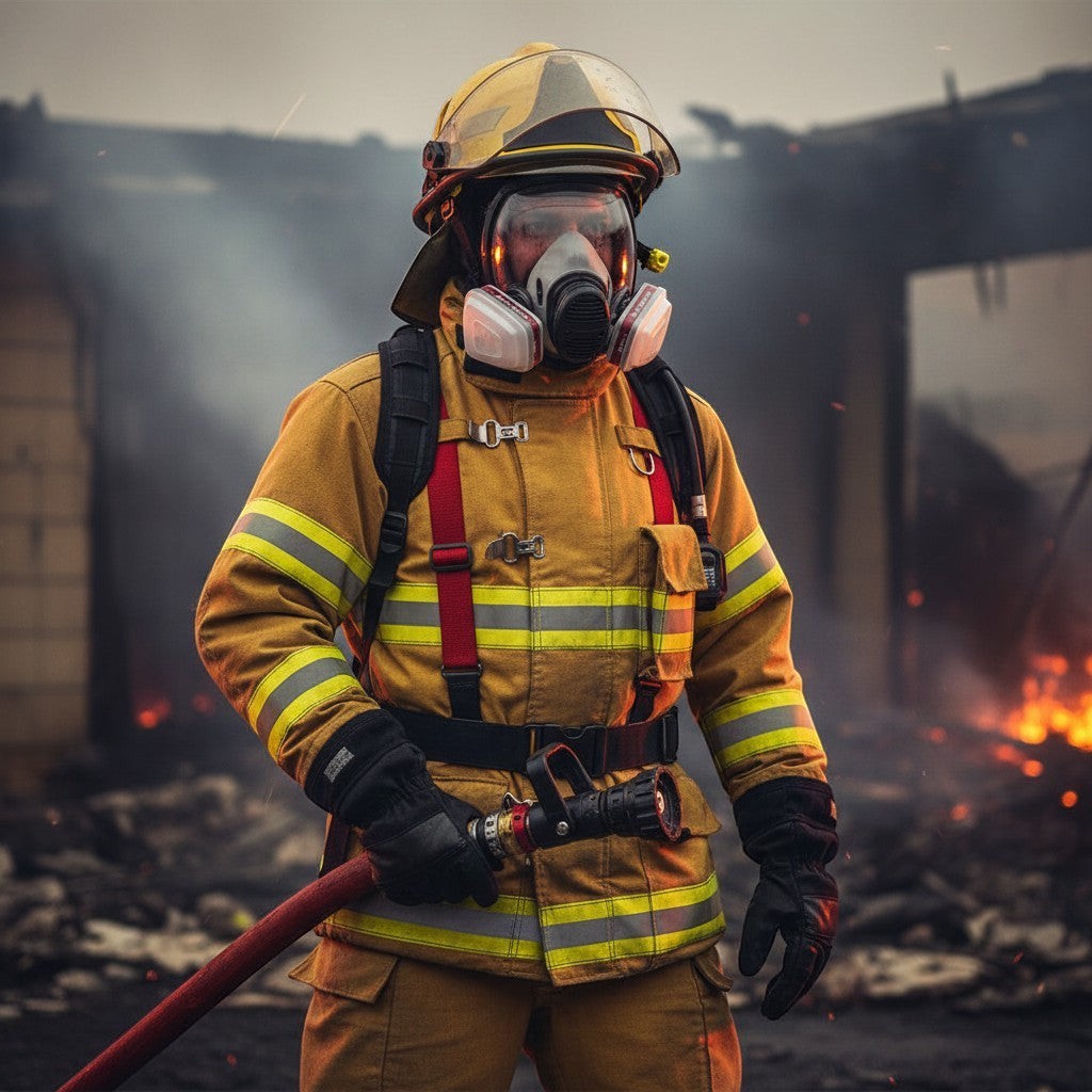 Bombero con máscara de gas esférica GERF SAFETY de cara completa, visera panorámica y filtros en entorno de incendio.