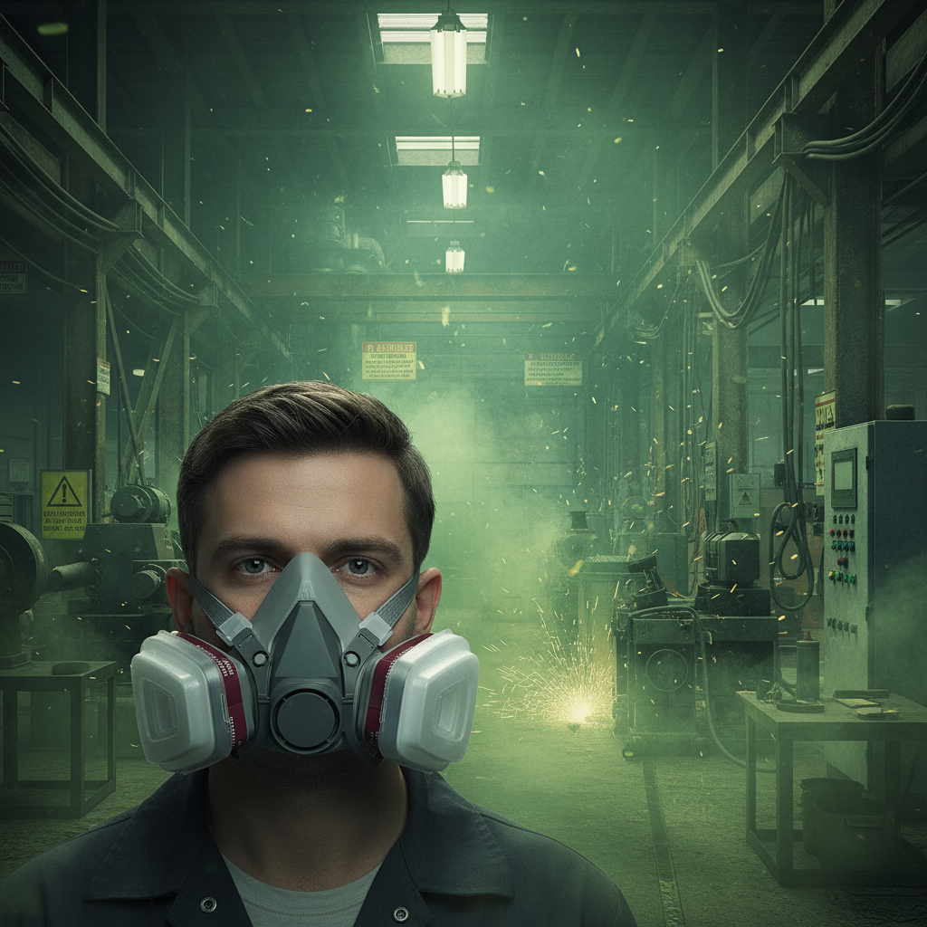 Trabajador con media máscara de gas GERF SAFETY gris de doble filtro en entorno industrial con chispas y humo.