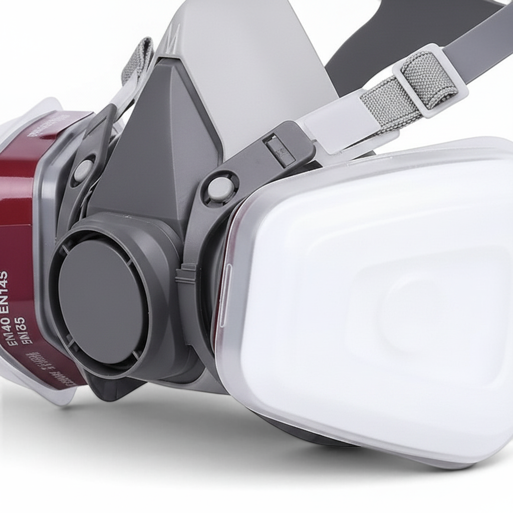 Media máscara de gas GERF SAFETY gris con doble filtro intercambiable y correas ajustables para protección industrial.