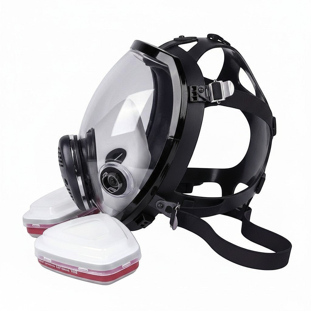 Máscara de gas GERF SAFETY de cara completa con visera panorámica antiempañante, cuerpo de silicona y arnés de 5 puntos.