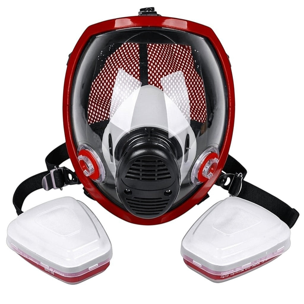 Máscara de cara completa GERF SAFETY roja con visera panorámica antiempañante, silicona y filtros de 40mm