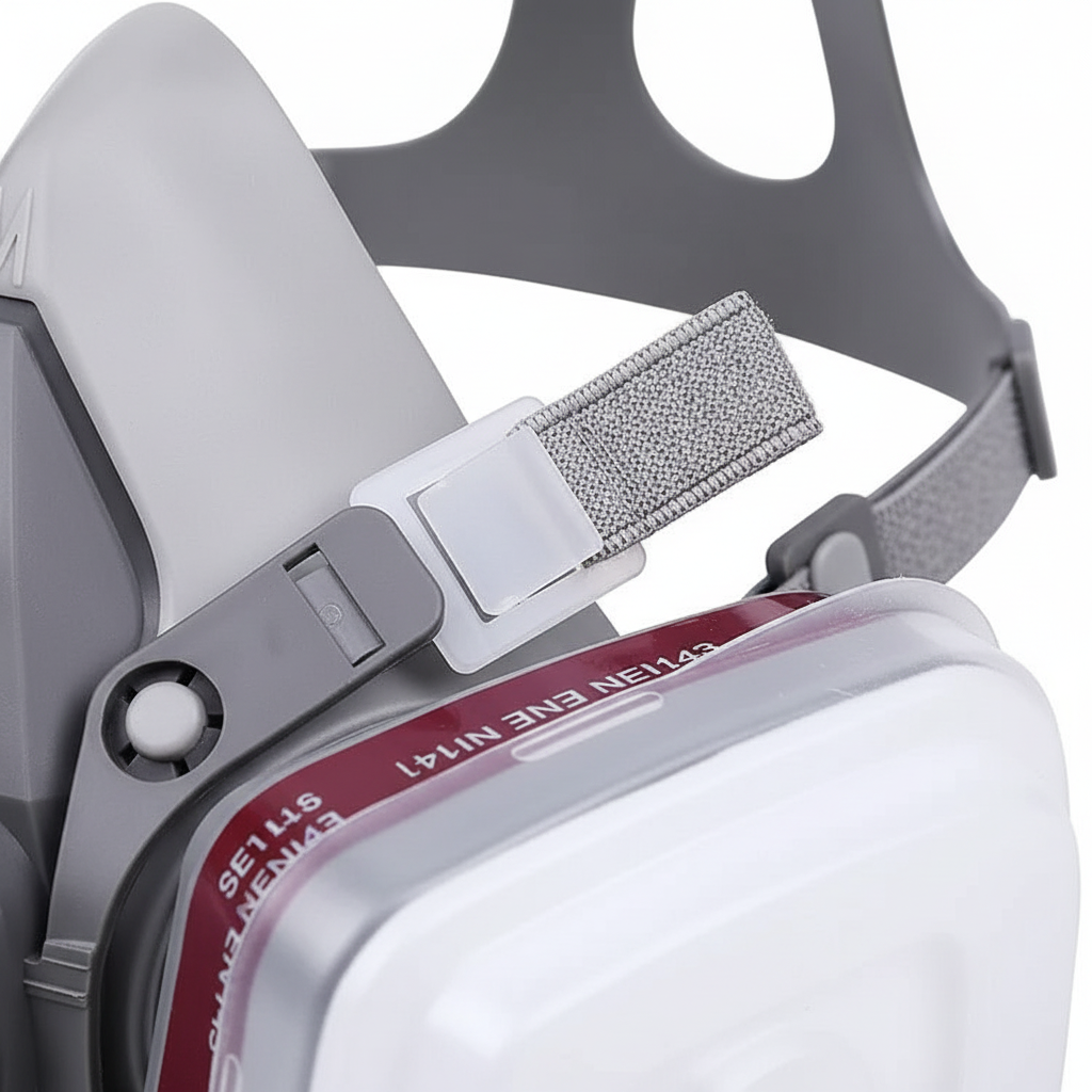 Media máscara de gas GERF SAFETY gris con doble filtro, fabricada en silicona resistente y correas ajustables.
