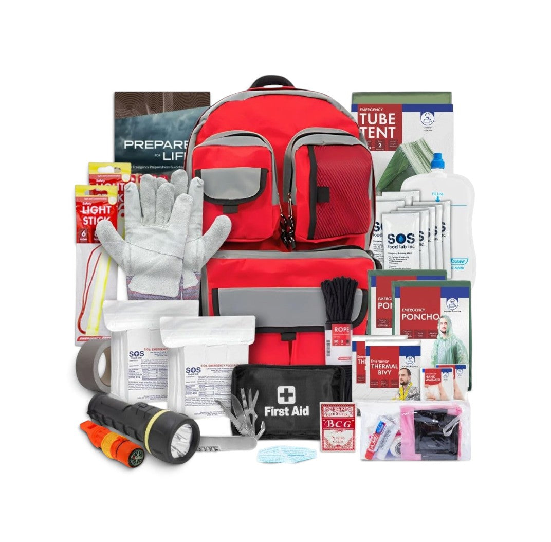 Mochila de emergencia roja GERF SAFETY con 132 piezas de supervivencia, raciones SOS, botiquín y herramientas.