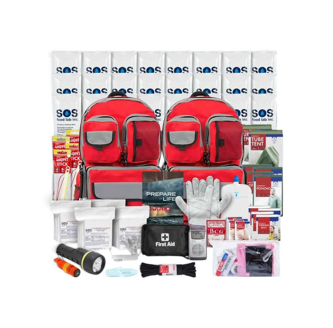 Mochila de emergencia GERF SAFETY con 132 piezas, incluyendo raciones SOS, kit de primeros auxilios y suministros.