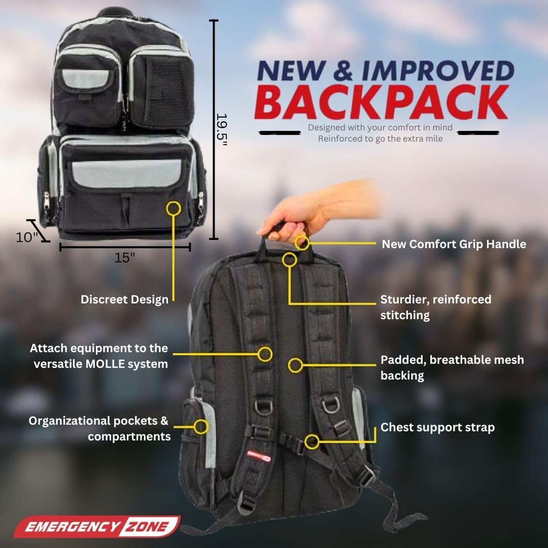Mochila de supervivencia GERF SAFETY negra con diseño discreto, múltiples compartimentos y correas reforzadas.