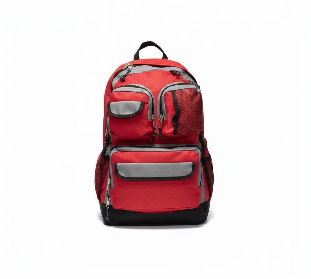 Mochila de emergencia GERF SAFETY roja y gris de nailon con múltiples compartimentos para kit de supervivencia.