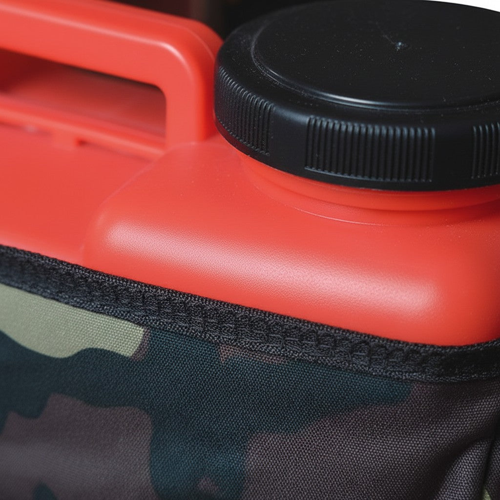 Detalle de la mochila extintora GERF SAFETY con cuerpo de lona camuflaje, tapa negra y estructura superior en ABS rojo.