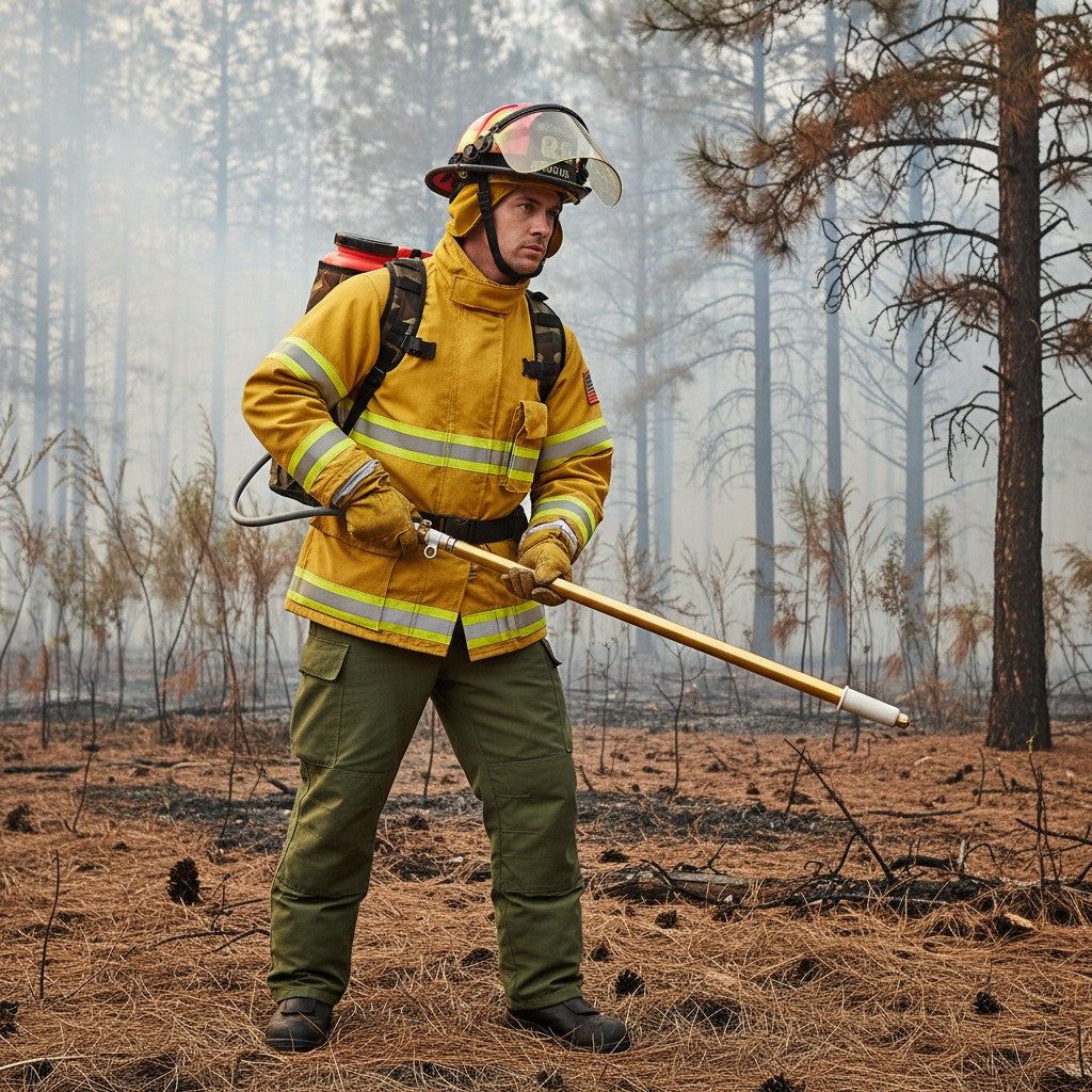 Bombero con equipo de protección usando mochila extintora GERF SAFETY de camuflaje en un incendio forestal.