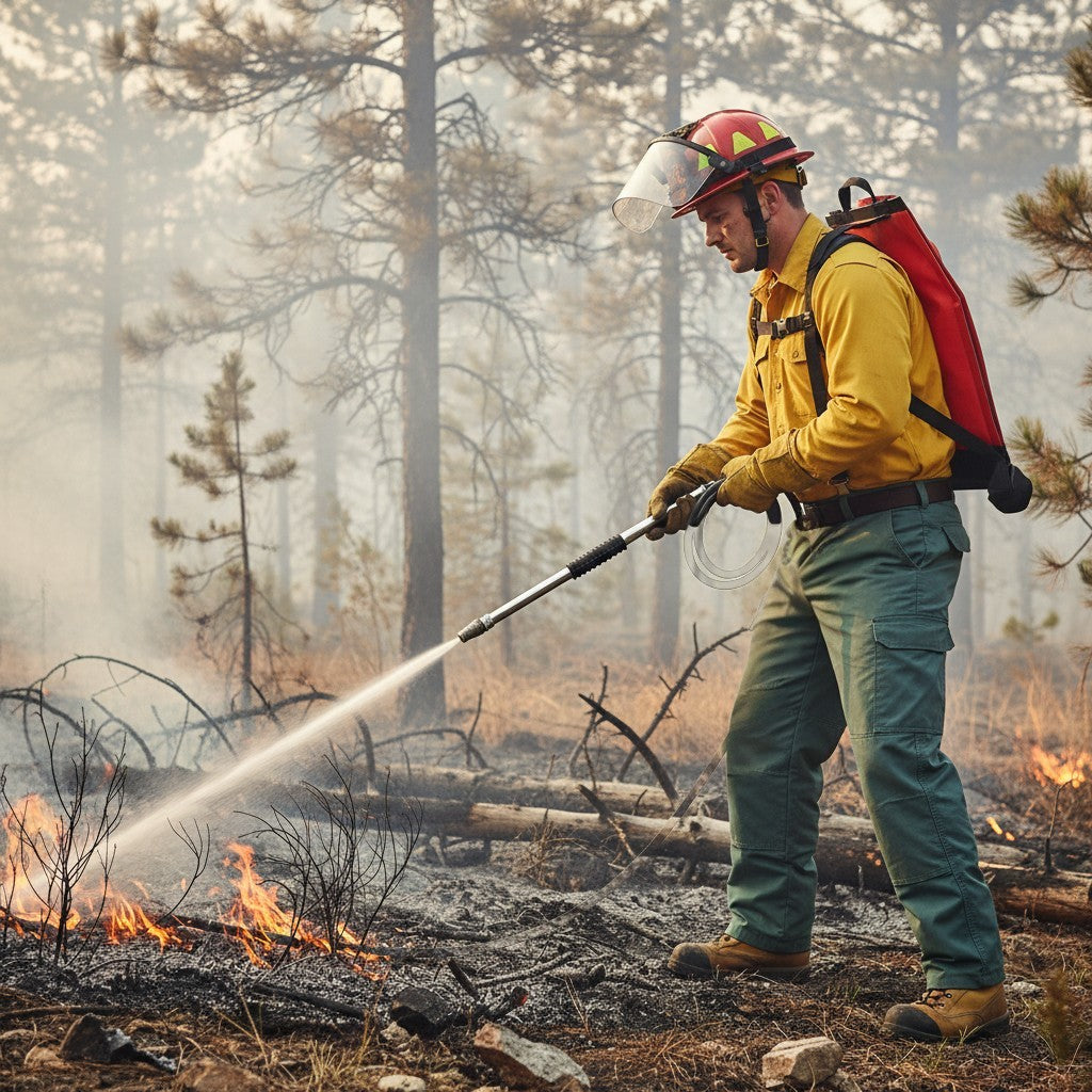 Bombero GERF SAFETY usando mochila extintora roja de PVC de 20 litros para combatir un incendio forestal activo.