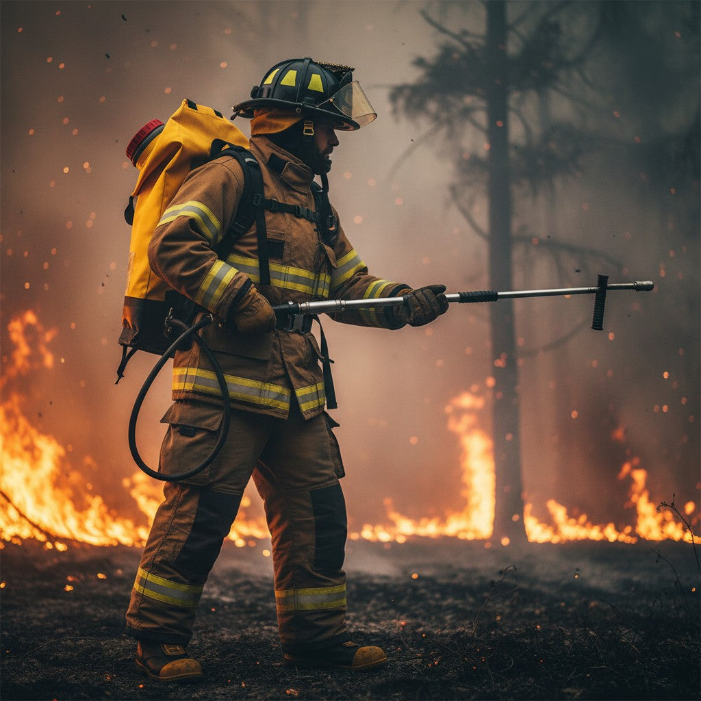 Bombero con mochila extintora GERF SAFETY de 20L combatiendo un incendio forestal con equipo de protección completo.