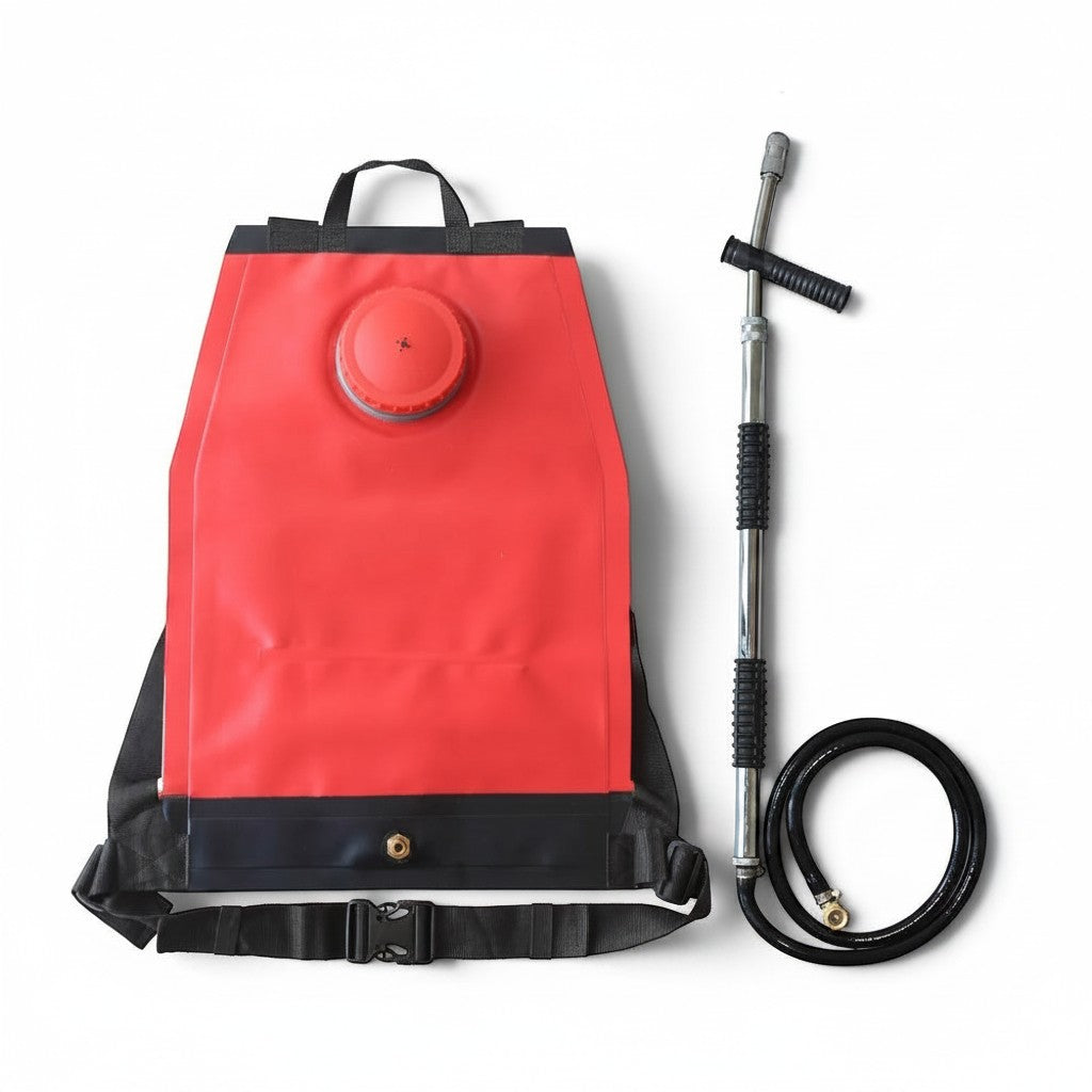 Mochila extintora GERF SAFETY de 20 litros en PVC rojo con bomba de doble acción y pistola de acero inoxidable