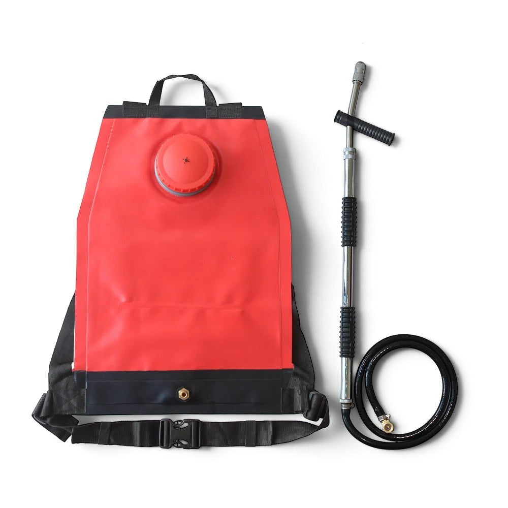 Mochila extintora GERF SAFETY roja de 20 litros en PVC resistente con bomba de doble acción y pistola de acero inoxidable