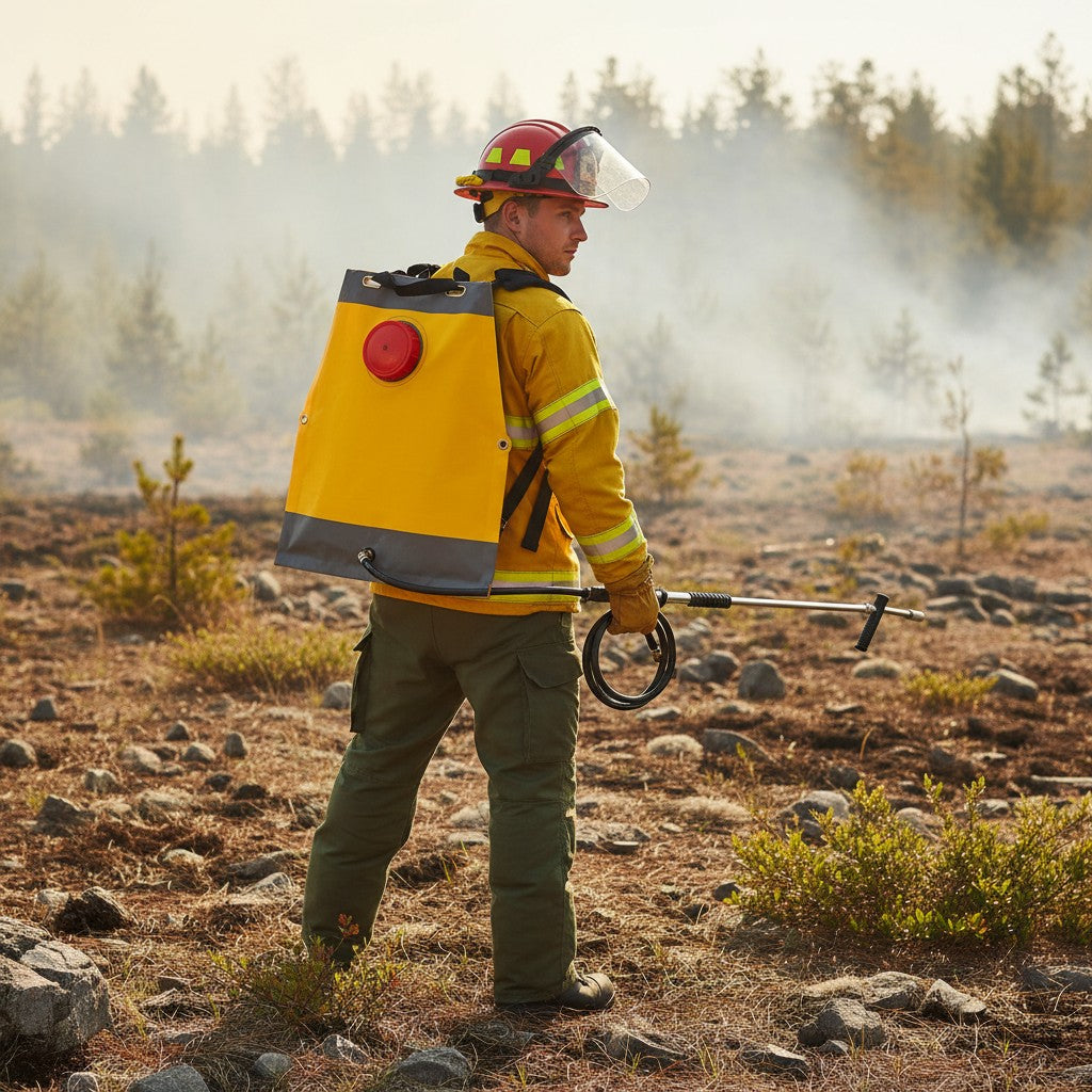 Bombero con mochila extintora GERF SAFETY de 20L en PVC amarillo, combatiendo un incendio forestal en terreno rural.