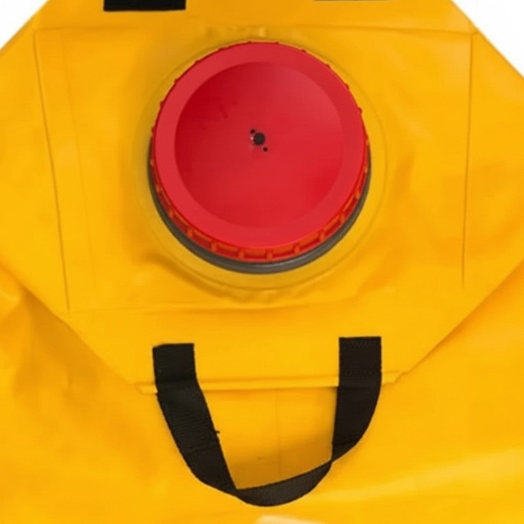 Mochila extintora GERF SAFETY de 20 litros en PVC amarillo resistente con tapa de llenado roja y asa de transporte