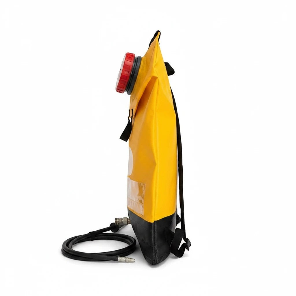 Mochila extintora GERF SAFETY de 20 litros en PVC amarillo con conexión rápida y correas ergonómicas para incendios.