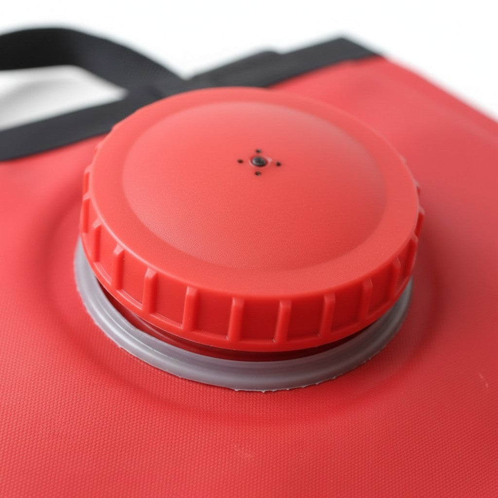 Tapa de llenado roja de la mochila extintora GERF SAFETY para incendios forestales fabricada en PVC resistente.
