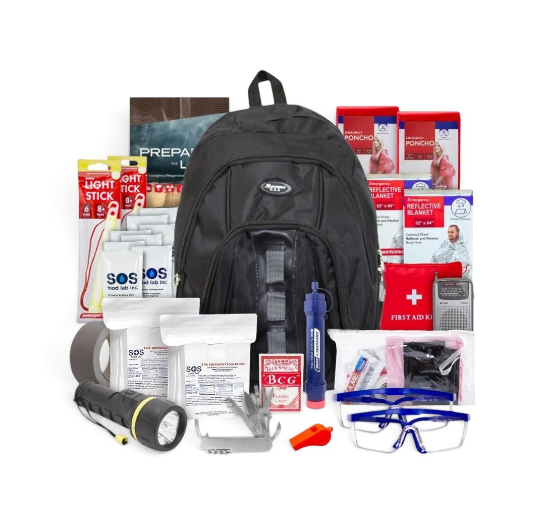 Kit de supervivencia GERF SAFETY de 72 horas con mochila negra, raciones SOS, filtro de agua y equipo de emergencia.