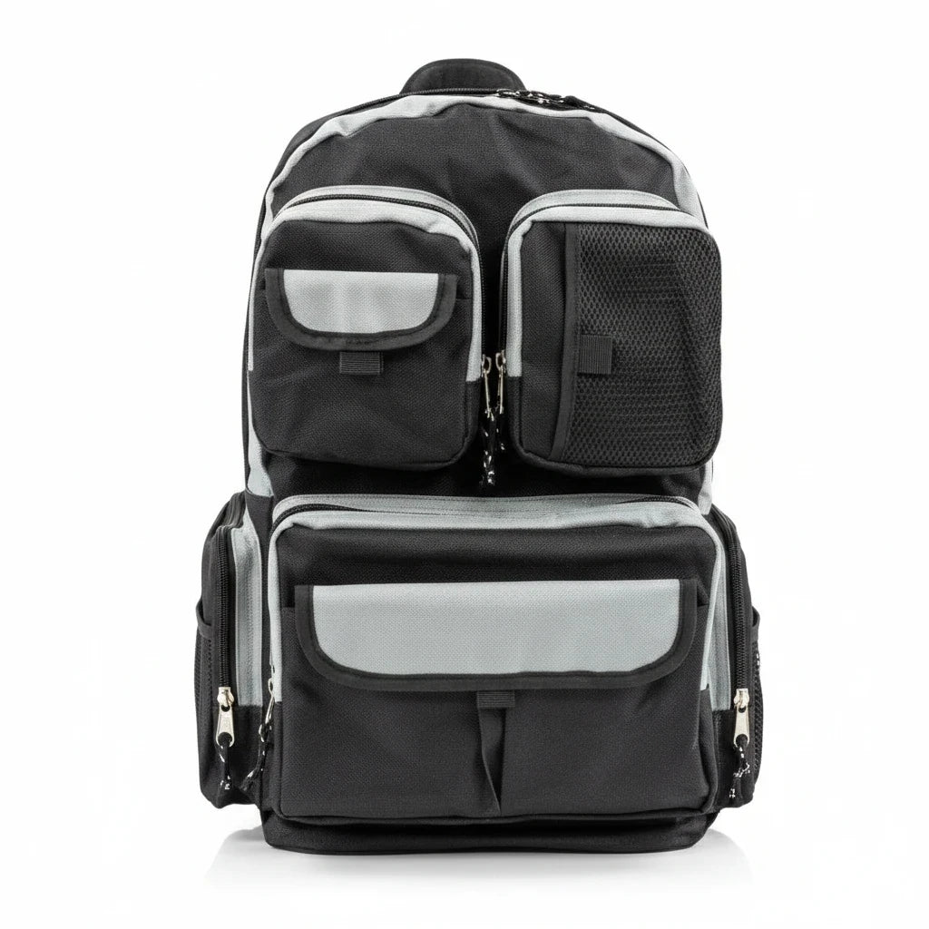 Mochila de supervivencia GERF SAFETY negra y gris con múltiples compartimentos para emergencias de 72 horas.