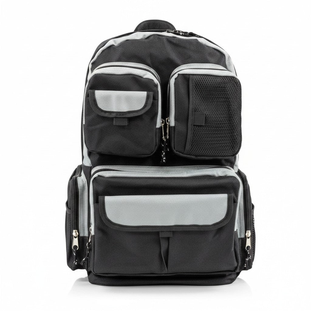 Mochila de supervivencia urbana GERF SAFETY negra con múltiples compartimentos y bolsillos organizadores