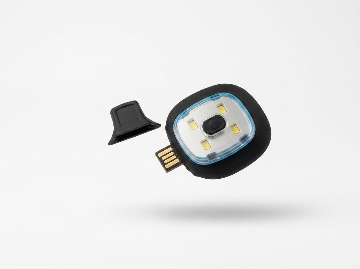 Módulo de luz LED recargable USB para gorro de protección GERF SAFETY con diseño compacto y tres modos de iluminación