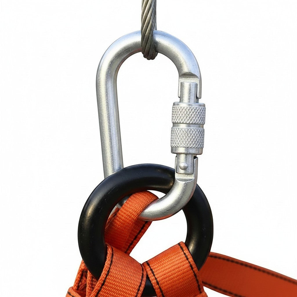 Mosquetón de acero GERF SAFETY conectado a una eslinga de rescate naranja de alta resistencia para espacios confinados.