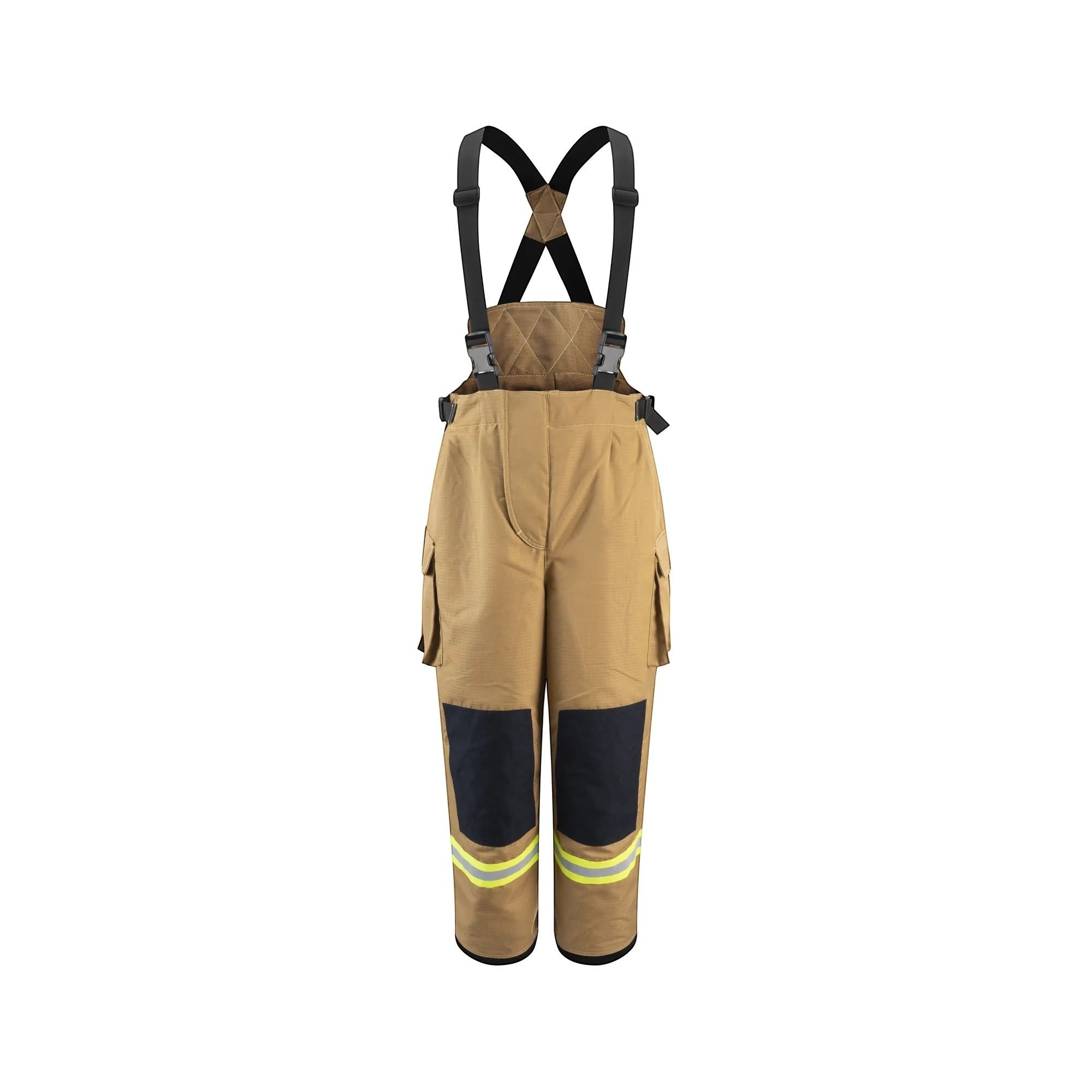 Pantalones de bombero GERF SAFETY Shield Fire color acacia con tirantes, refuerzos en rodillas y bandas reflectantes.
