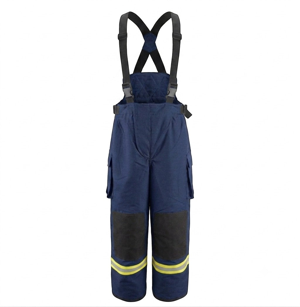 Pantalones de bombero GERF SAFETY color azul navy con tirantes, refuerzos en rodillas y bandas reflectantes EN 469:2020